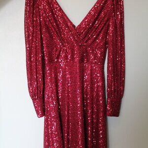 Le Château Women's Wine Red Sequin Dress With Sleeves